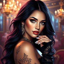 A stunning artistic representation of a glamorous female figure resembling a pop singer, featuring long dark hair cascading over her shoulders, striking hazel eyes, and an alluring smile