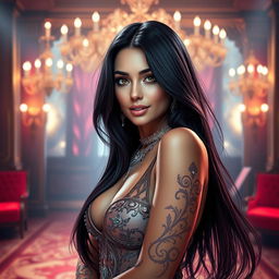 A stunning artistic representation of a glamorous female figure resembling a pop singer, featuring long dark hair cascading over her shoulders, striking hazel eyes, and an alluring smile