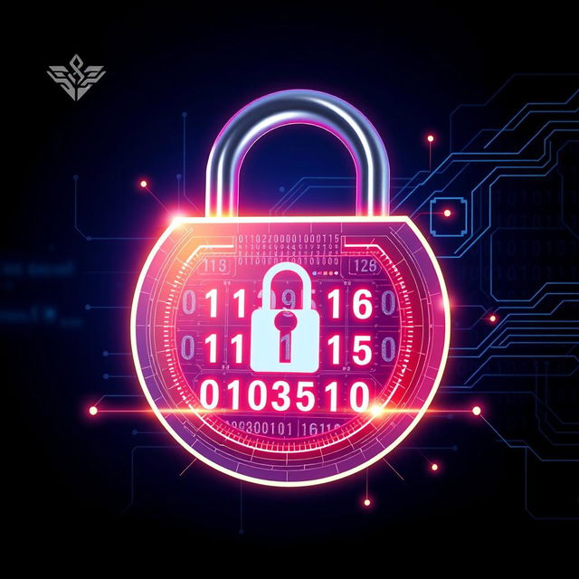 A visually striking digital illustration of a modern cyber security concept, featuring an abstract lock symbol representing security and safety