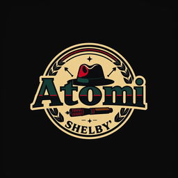 A logo inspired by the word 'Atomi', incorporating elements of mafia aesthetics similar to Shelby's