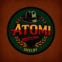 A logo inspired by the word 'Atomi', incorporating elements of mafia aesthetics similar to Shelby's