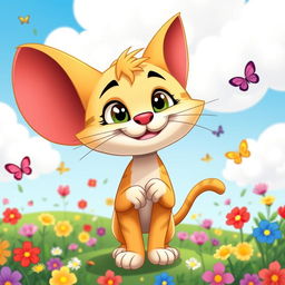 A whimsical, playful cartoon cat character with oversized ears and a mischievous grin, standing in a vibrant garden filled with colorful flowers and butterflies