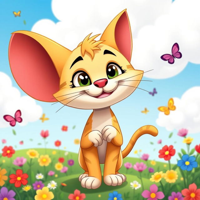 A whimsical, playful cartoon cat character with oversized ears and a mischievous grin, standing in a vibrant garden filled with colorful flowers and butterflies