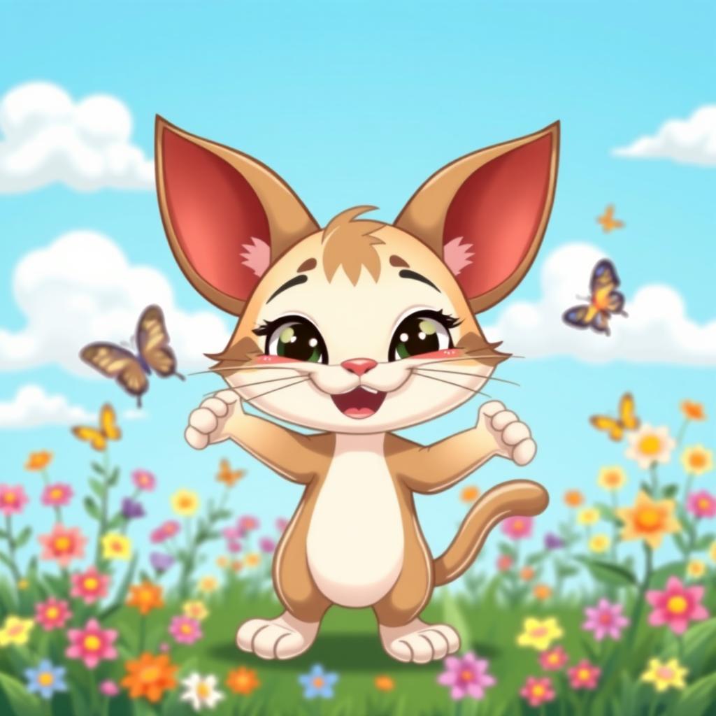 A whimsical, playful cartoon cat character with oversized ears and a mischievous grin, standing in a vibrant garden filled with colorful flowers and butterflies