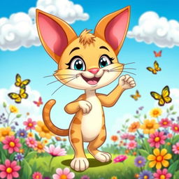 A whimsical, playful cartoon cat character with oversized ears and a mischievous grin, standing in a vibrant garden filled with colorful flowers and butterflies