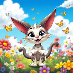 A whimsical, playful cartoon cat character with oversized ears and a mischievous grin, standing in a vibrant garden filled with colorful flowers and butterflies