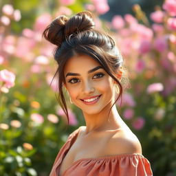 A beautiful brunette girl with her hair tied up in a stylish bun, showcasing her elegant features