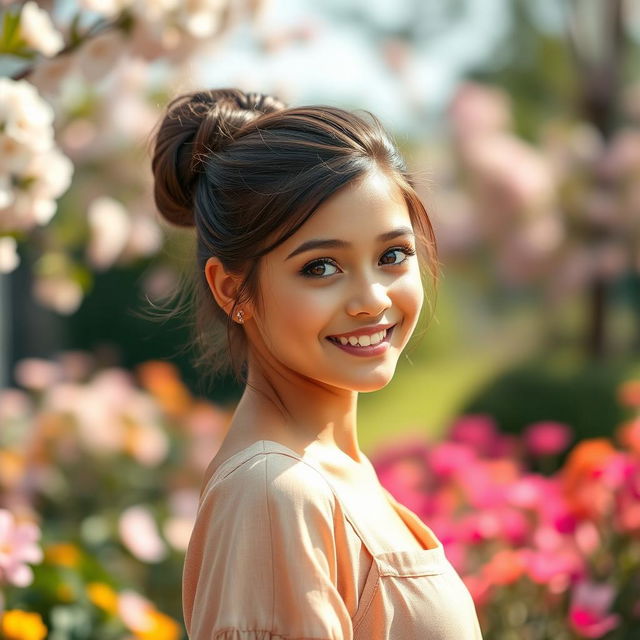 A beautiful brunette girl with her hair tied up in a stylish bun, showcasing her elegant features