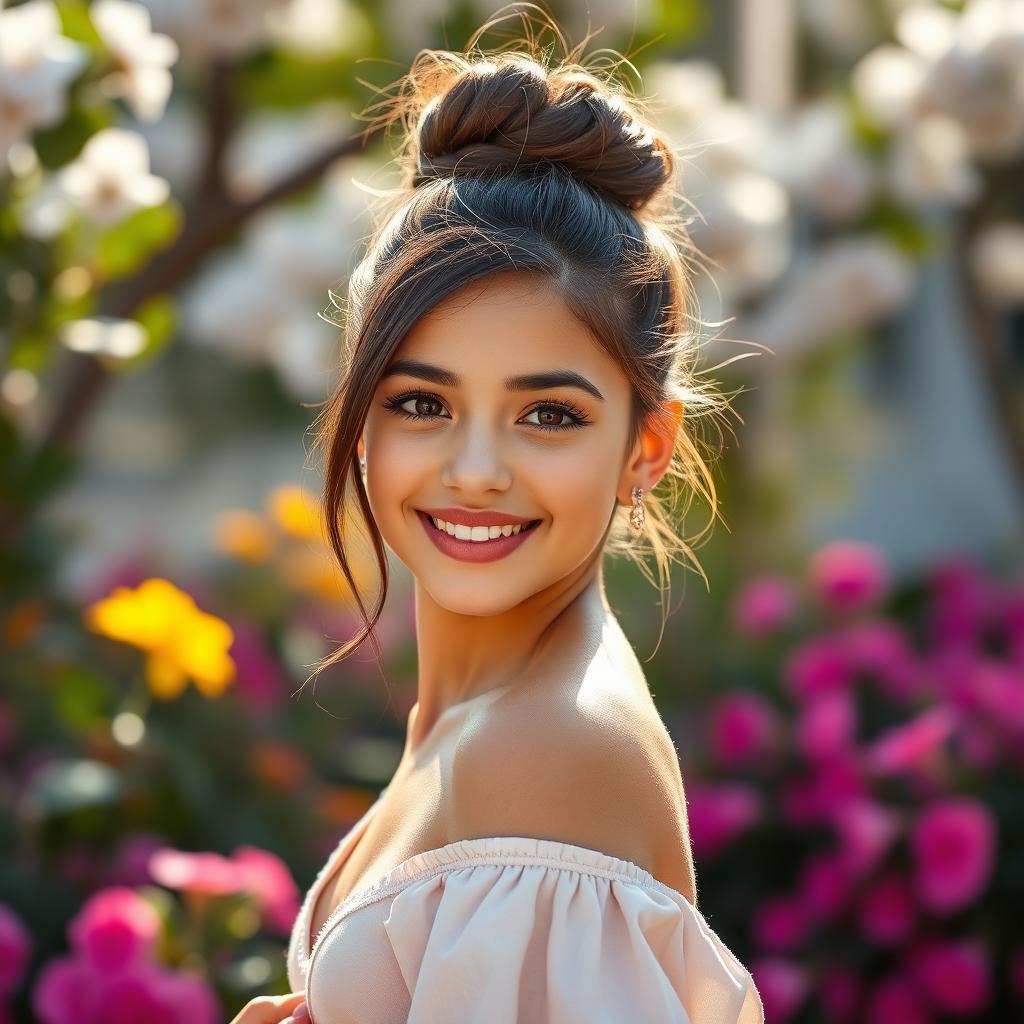 A beautiful brunette girl with her hair tied up in a stylish bun, showcasing her elegant features