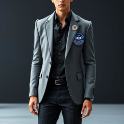 A futuristic male outfit featuring a sleek gray blazer adorned with high-tech elements and a modern cut, paired with stylish black trousers