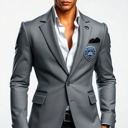 A futuristic male outfit featuring a sleek gray blazer adorned with high-tech elements and a modern cut, paired with stylish black trousers
