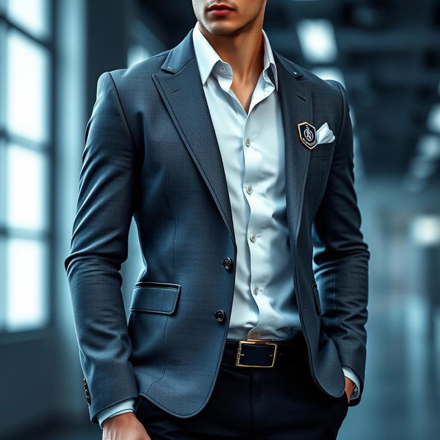 A futuristic male outfit featuring a sleek gray blazer adorned with high-tech elements and a modern cut, paired with stylish black trousers