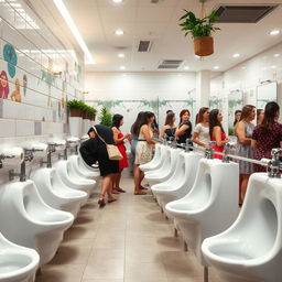 A busy women's restroom featuring a row of narrow, straddle-type urinals specifically designed for women