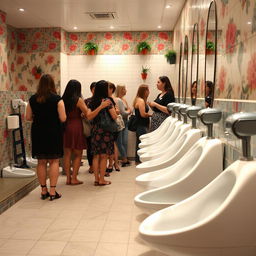 A busy women's restroom featuring a row of narrow, straddle-type urinals specifically designed for women