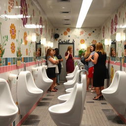 A busy women's restroom featuring a row of narrow, straddle-type urinals specifically designed for women