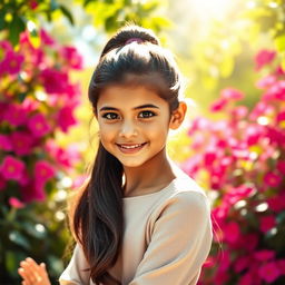 A beautiful brunette girl with long hair styled in an elegant ponytail, showcasing her radiant features