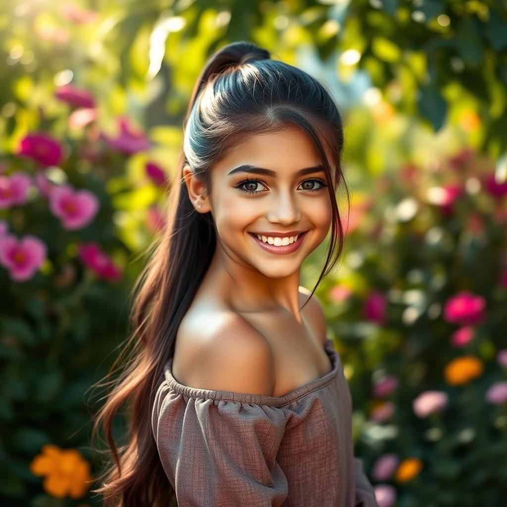 A beautiful brunette girl with long hair styled in an elegant ponytail, showcasing her radiant features