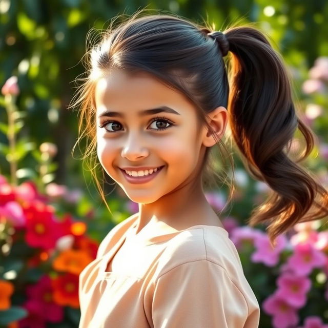 A beautiful brunette girl with long hair styled in an elegant ponytail, showcasing her radiant features