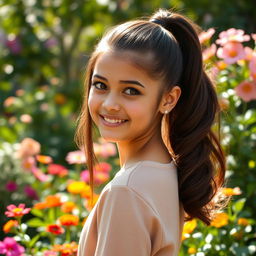 A beautiful brunette girl with long hair styled in an elegant ponytail, showcasing her radiant features