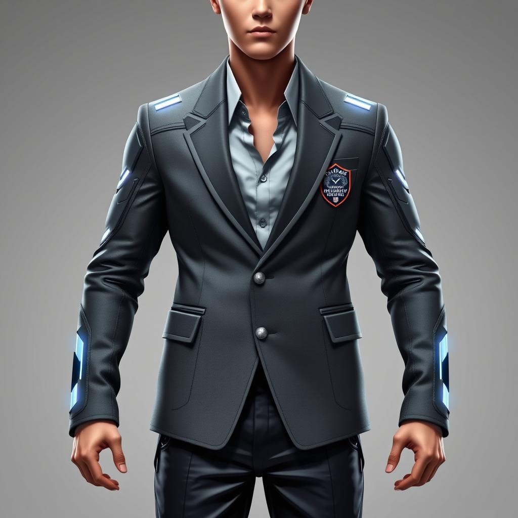 A futuristic male outfit designed for a teenager, featuring a sleek gray blazer with modern cuts and high-tech details, paired with stylish black trousers