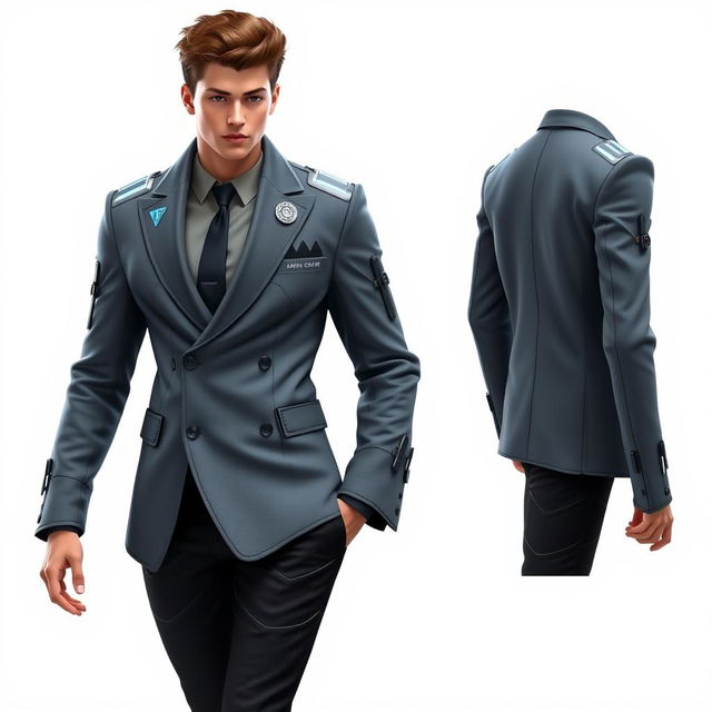 A futuristic male outfit designed for a teenager, featuring a sleek gray blazer with modern cuts and high-tech details, paired with stylish black trousers