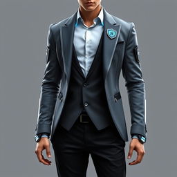 A futuristic male outfit designed for a teenager, featuring a sleek gray blazer with modern cuts and high-tech details, paired with stylish black trousers