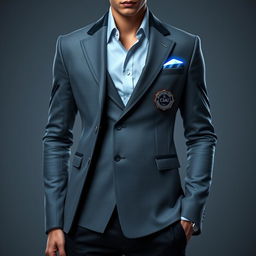 A futuristic male outfit designed for a teenager, featuring a sleek gray blazer with modern cuts and high-tech details, paired with stylish black trousers