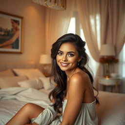 A beautiful brunette girl with long hair styled in an elegant updo, sitting gracefully in a cozy bedroom