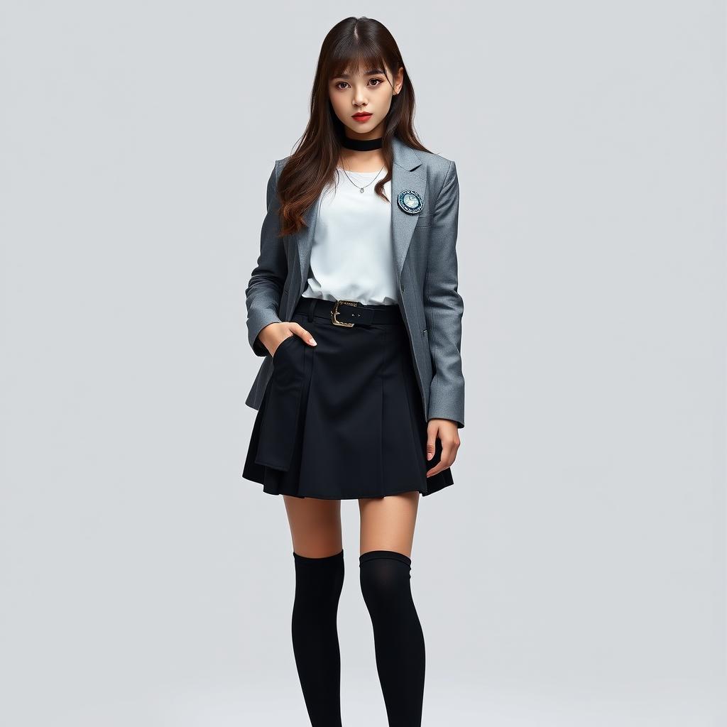 A futuristic female student outfit featuring a silver-gray blazer with black long socks, a knee-length black skirt, and a stylish white top