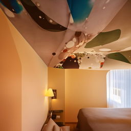 A modern, stylish room where the unique pop-designed ceiling extends halfway down the wall. The centerpiece is placed at the wall, a comfortable and inviting bed.