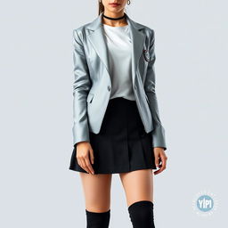 A futuristic female student outfit featuring a silver-gray blazer with black long socks, a knee-length black skirt, and a stylish white top