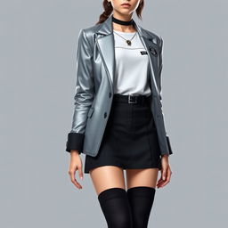 A futuristic female student outfit featuring a silver-gray blazer with black long socks, a knee-length black skirt, and a stylish white top