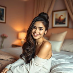 A beautiful 18-year-old brunette girl with long hair styled in an elegant bun, sitting gracefully in a cozy bedroom