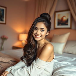 A beautiful 18-year-old brunette girl with long hair styled in an elegant bun, sitting gracefully in a cozy bedroom