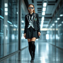 A futuristic female academic outfit featuring metallic silver shades, a knee-length black skirt, and long black socks