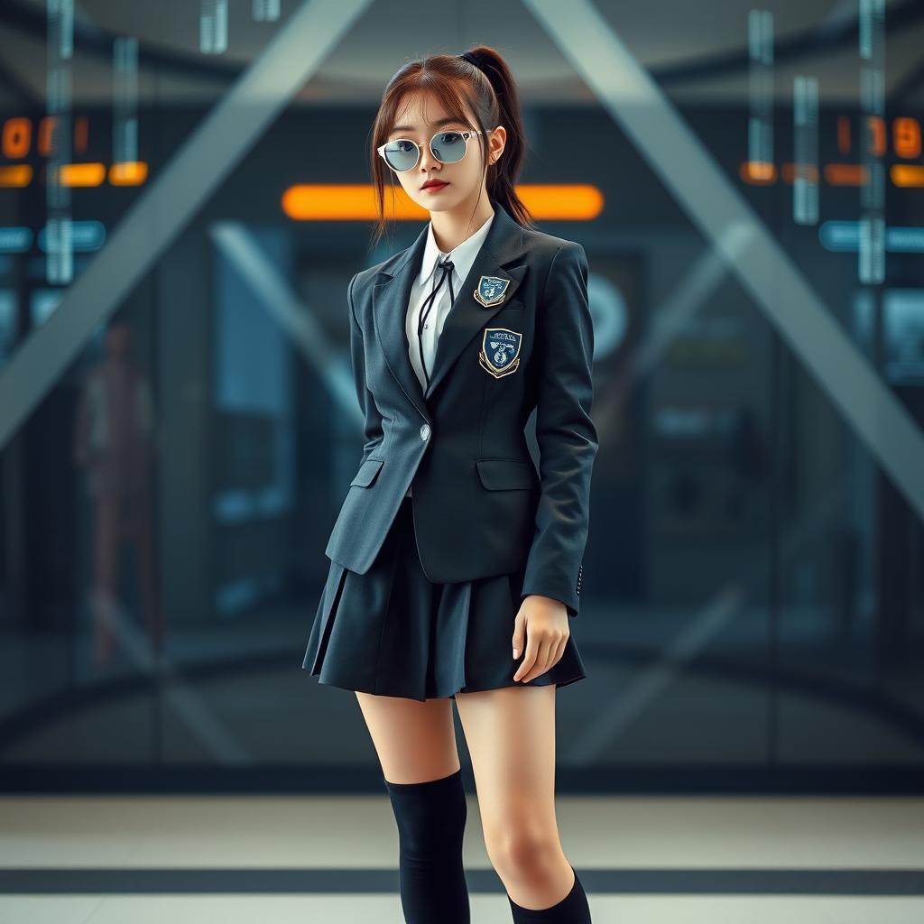 A futuristic female academic outfit featuring metallic silver shades, a knee-length black skirt, and long black socks