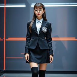 A futuristic female academic outfit featuring metallic silver shades, a knee-length black skirt, and long black socks