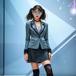 A futuristic female academic outfit featuring metallic silver shades, a knee-length black skirt, and long black socks