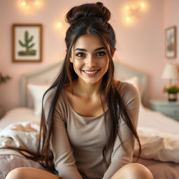 A beautiful 18-year-old brunette girl with long hair styled in a neat bun, sitting elegantly in a cozy bedroom