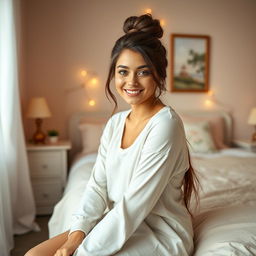 A beautiful 18-year-old brunette girl with long hair styled in a neat bun, sitting elegantly in a cozy bedroom
