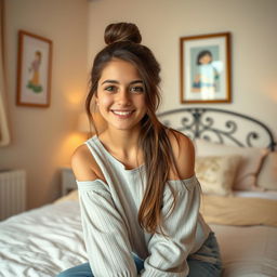 A beautiful 18-year-old brunette girl with long hair styled in a neat bun, sitting elegantly in a cozy bedroom