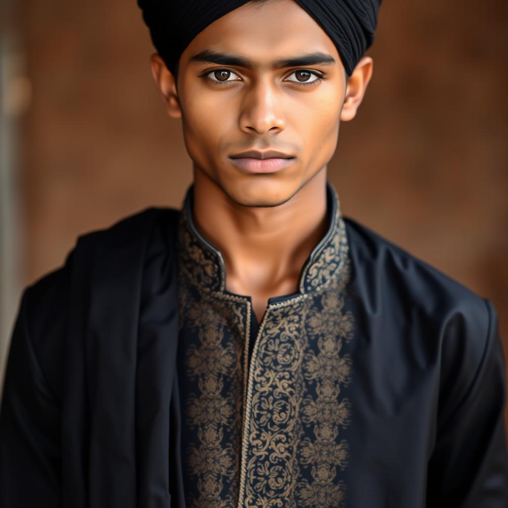 A tall, masculine, and handsome Bangladeshi boy dressed in a stylish black Punjabi outfit