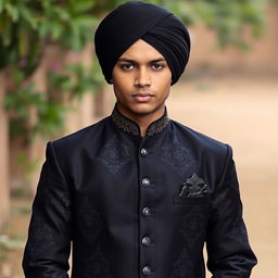 A tall, masculine, and handsome Bangladeshi boy dressed in a stylish black Punjabi outfit
