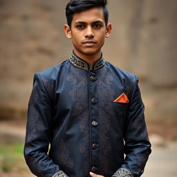 A tall, masculine, and handsome Bangladeshi boy dressed in a stylish black Punjabi outfit