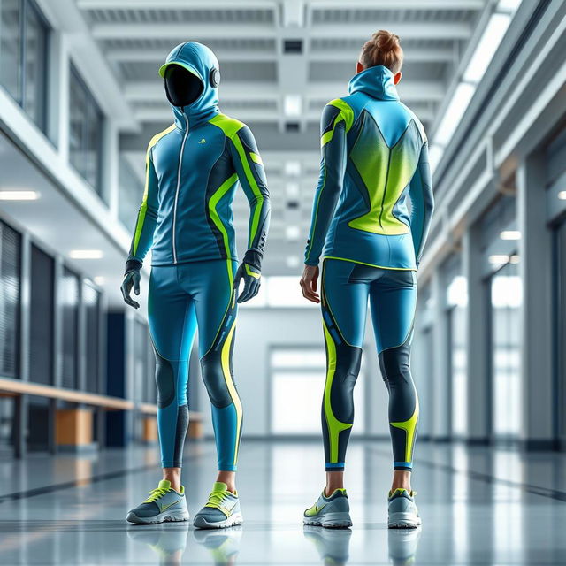 A futuristic school sports uniform design featuring sleek, aerodynamic lines and ergonomically tailored fit