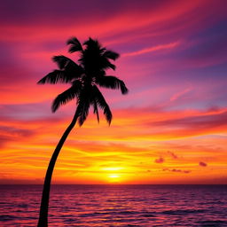 A stunning depiction of a beautiful sunset over a tranquil ocean, with vibrant hues of orange, pink, and purple painting the sky