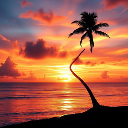 A stunning depiction of a beautiful sunset over a tranquil ocean, with vibrant hues of orange, pink, and purple painting the sky