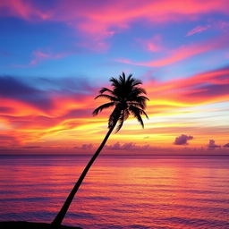 A stunning depiction of a beautiful sunset over a tranquil ocean, with vibrant hues of orange, pink, and purple painting the sky