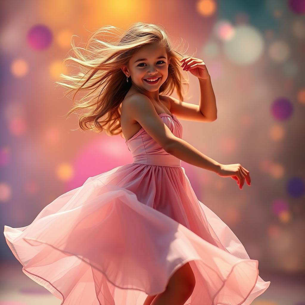 A beautiful girl dancing gracefully in a vibrant and colorful environment, showcasing elegance and fluid movement