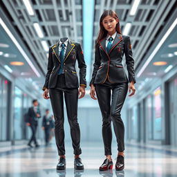 A futuristic school uniform design, featuring sleek, form-fitting materials, with neon accents and geometric patterns